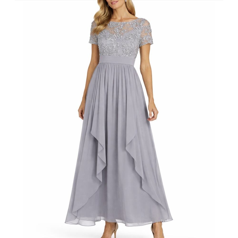 R&M Richards Size 10 NWT Silver Soutache Cascade Floor Length Evening Gown Maxi